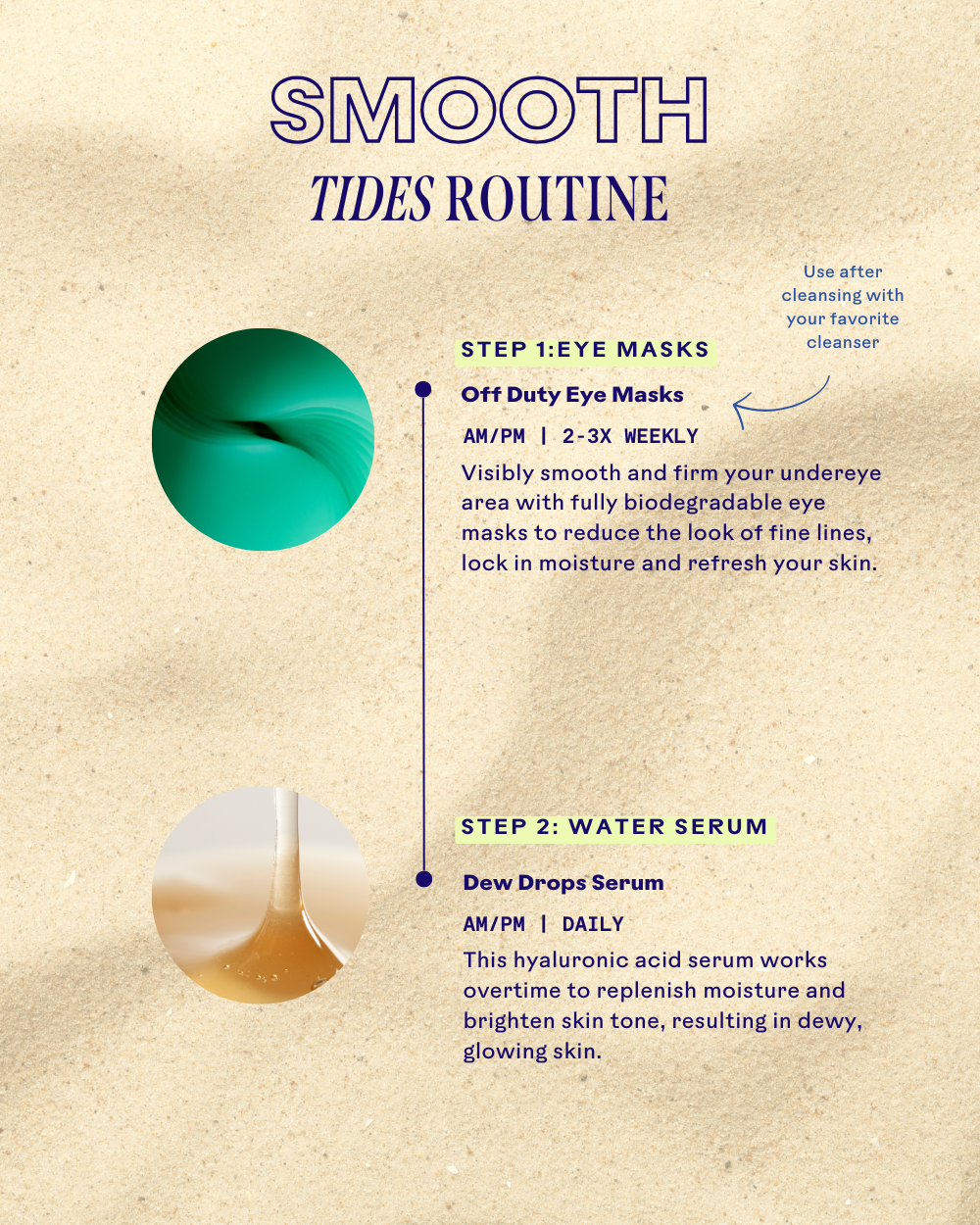 Smooth Tides Off Duty Biodegradable Eye Masks + Dew Drops Hyaluronic Acid Serum