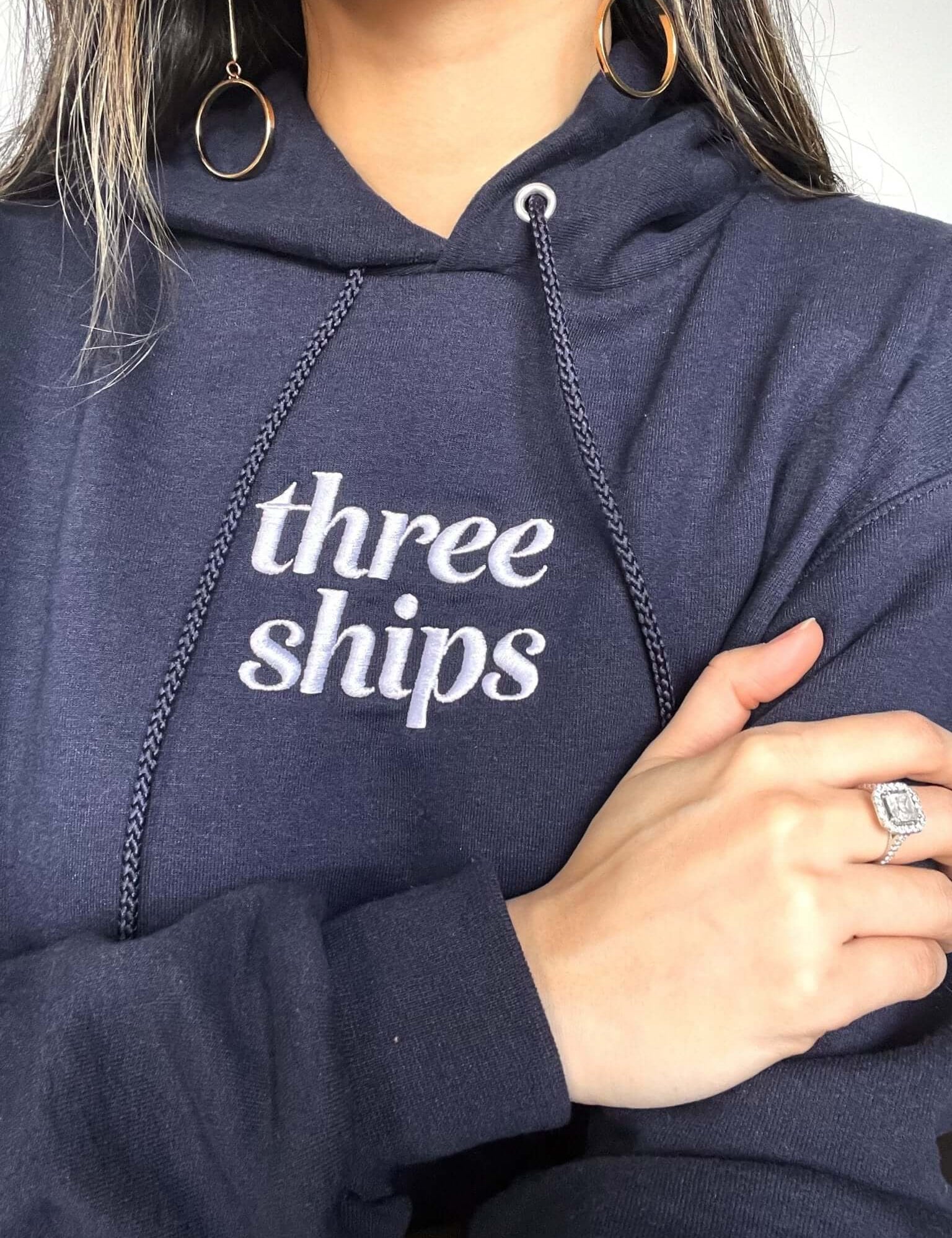 Navy Three Ships Embroidered Hoodie Three Ships Merch Natural Vegan Cruelty-free Skincare